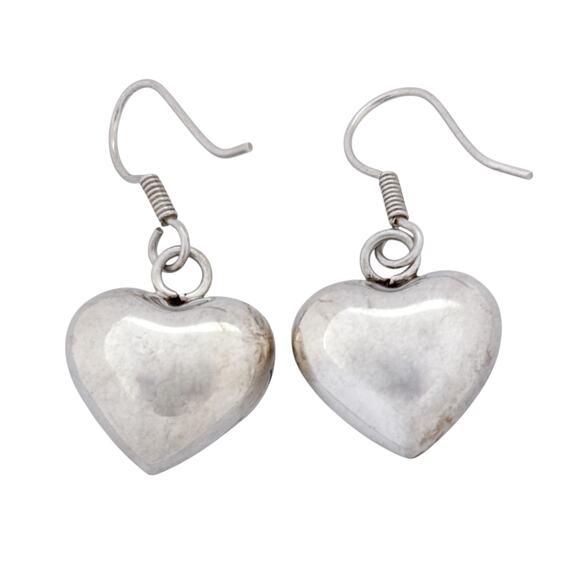 Puffy Heart Dangle Earrings | Vintage Sterling Silver 925 | Romantic Gift - Picture 3 of 5